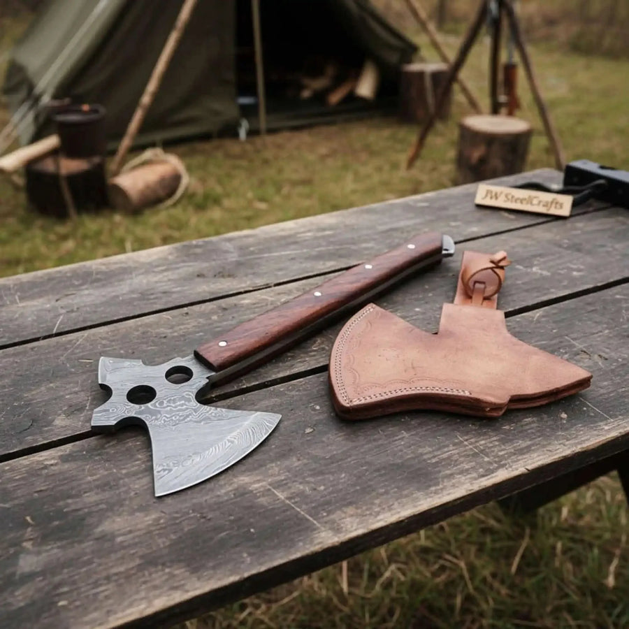 Full-Tang Damascus Camping Axe with Rosewood Handle Scales, Skeletonized Spine & Leather Sheath | JW SteelCrafts