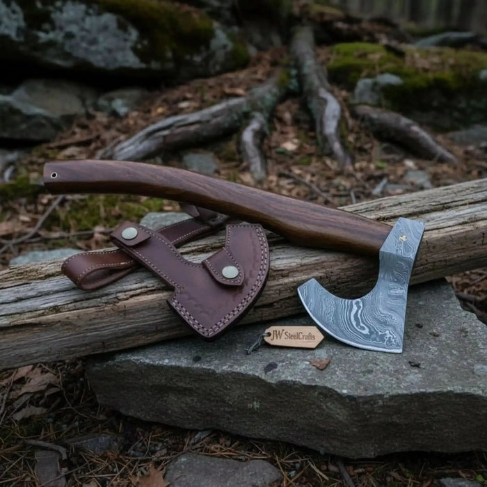 Damascus Camping Axe with Curved Rosewood Handle – Hand Forged Bushcraft Axe with Leather Sheath | JW SteelCrafts