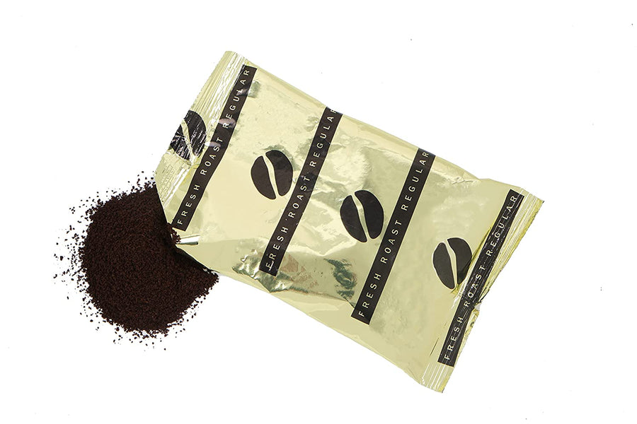 House Blend portion packet pictured beside loose ground coffee