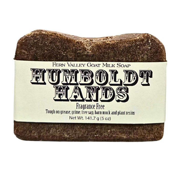 Humboldt Hands Fragrance-Free goat milk soap — labelled working-hand soap bar, front view