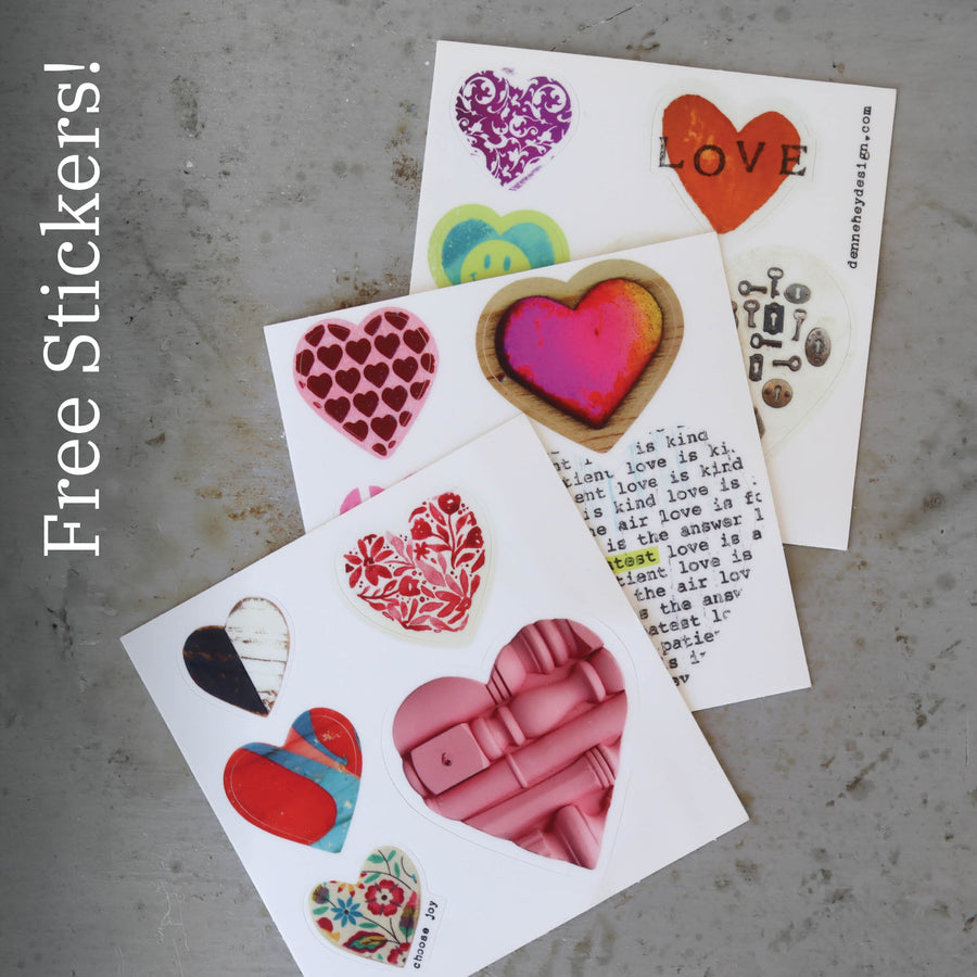 Sticker sheet with colorful heart artwork included with the Heartwork card set.