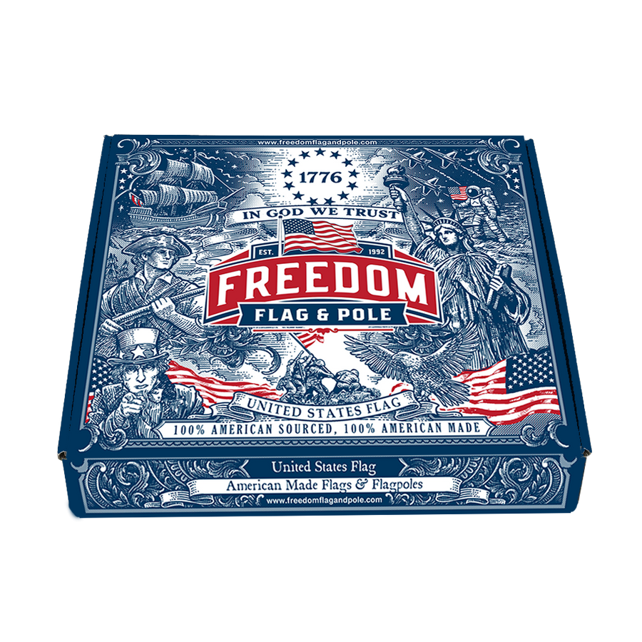 USA-made polyester American flag — product packaging
