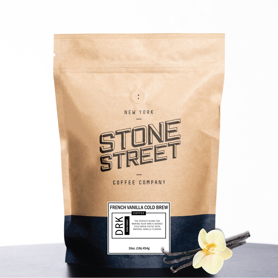 Front of the Stone Street French Vanilla Cold Brew coffee bag with its product label visible
