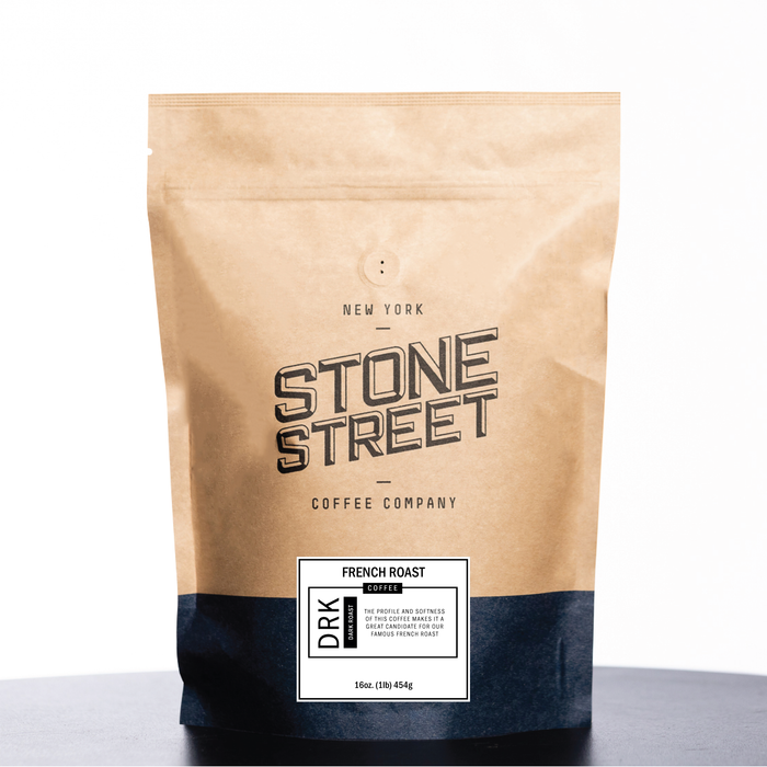 Front of the Stone Street French Roast coffee bag with its product label visible