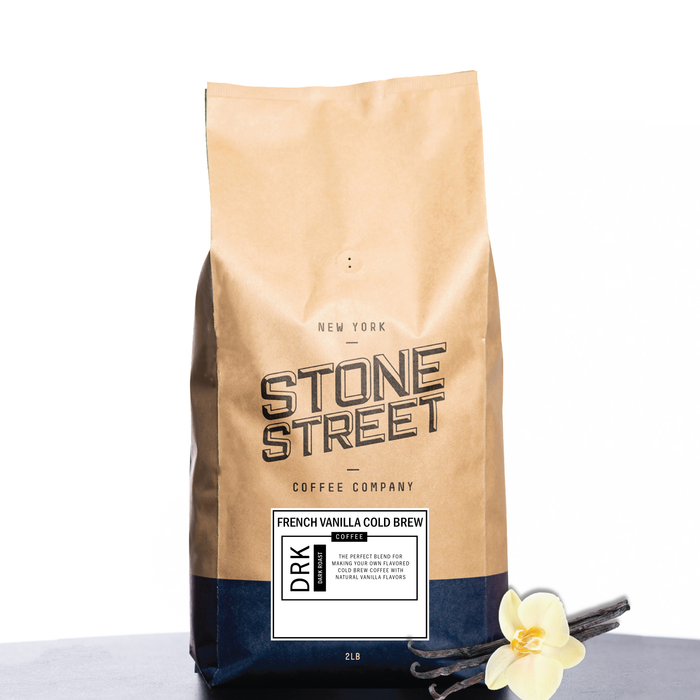 Front of the Stone Street French Vanilla Cold Brew coffee bag with its product label visible