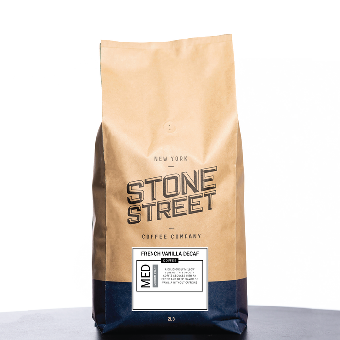 Front of the Stone Street French Vanilla Decaf coffee bag with its product label visible