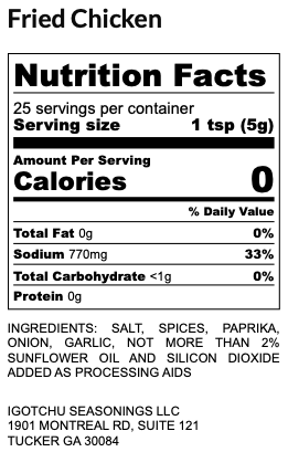 Fried Chicken seasoning – nutrition facts panel