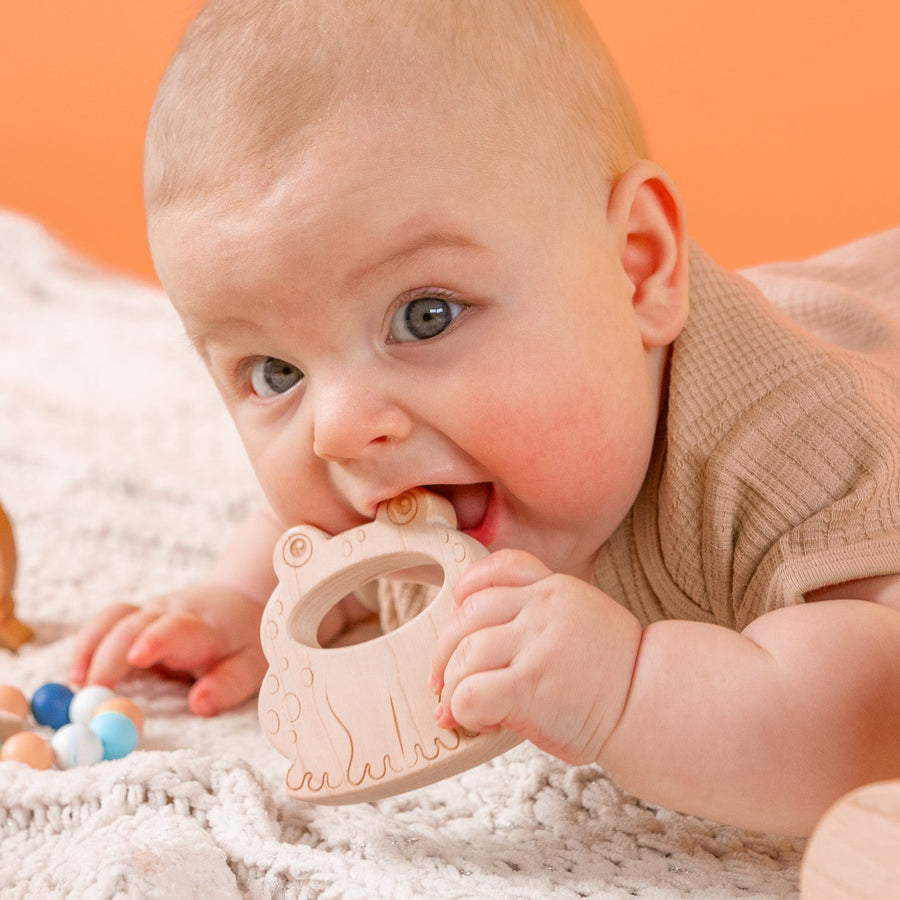 Baby holding a wooden animal-shaped teether