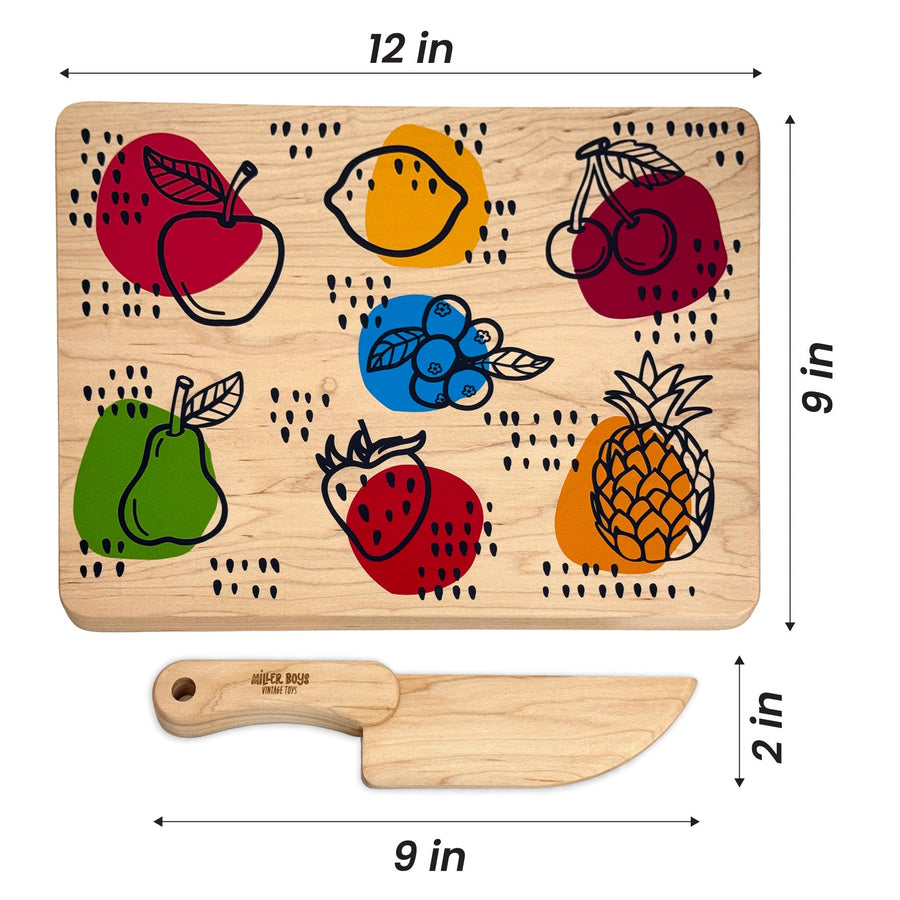 Fruit Kids Maple Cutting Board & Wooden Knife Set with dimension annotations
