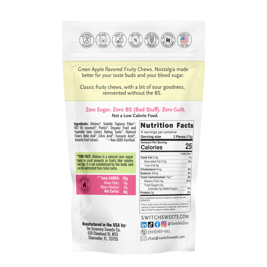 Green apple fruity chews, back packaging and product label