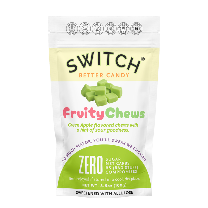 Green apple sugar-free fruity chews, front packaging