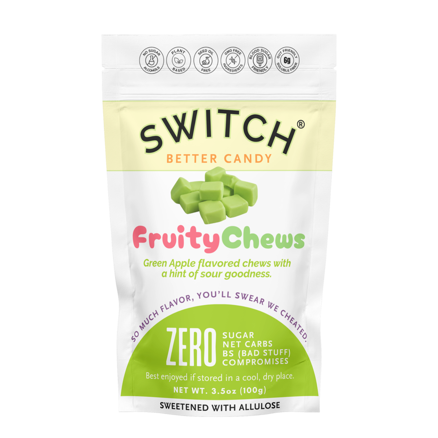 Green apple sugar-free fruity chews, front packaging