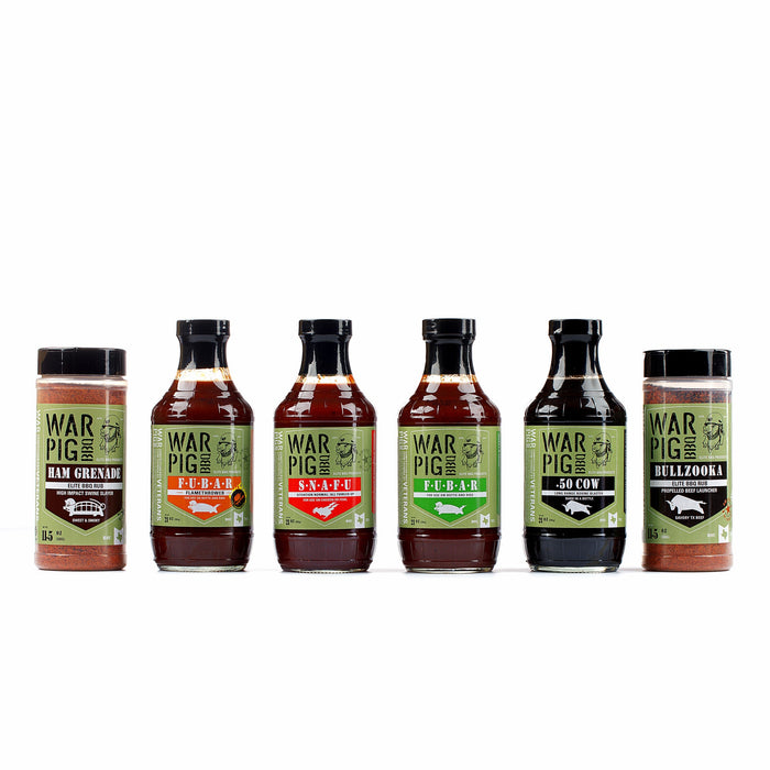 Full Battle Rattle assortment with four BBQ sauces and two dry rubs