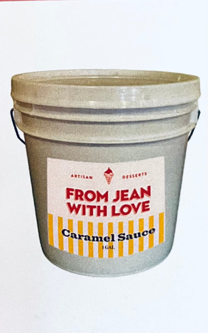 One-gallon caramel sauce pail with a handle and branded label