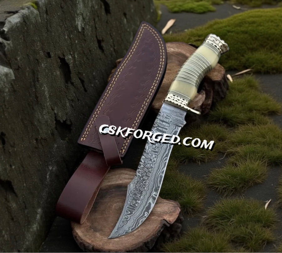 Handcrafted Modern Bowie Knife - Damascus Steel Blade with Handmade Bone Handle and Brass Guard