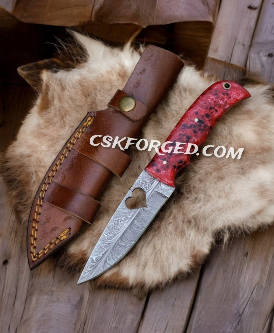 Damascus Heart Knife – Custom Hunting Blade with Red Resin Handle & Leather Sheath