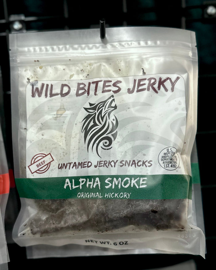Alpha Smoke beef jerky, 6 oz pouch with flavor band displayed in a retail setting