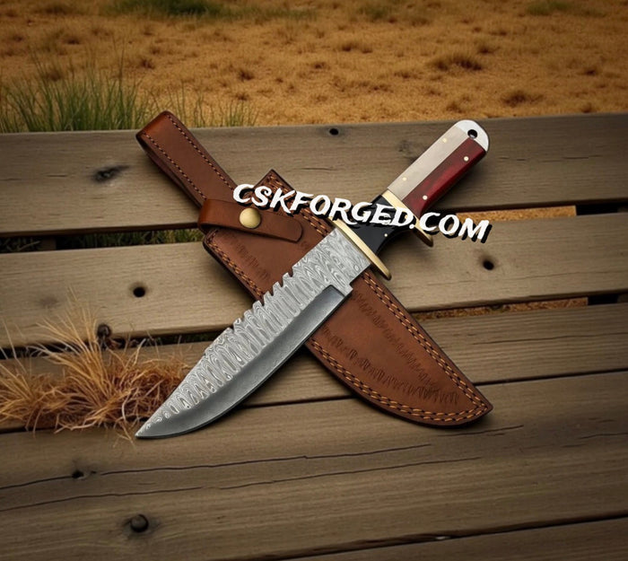 Hand-Forged Damascus Steel Hunting Knife | Custom Fixed Blade with Leather Sheath