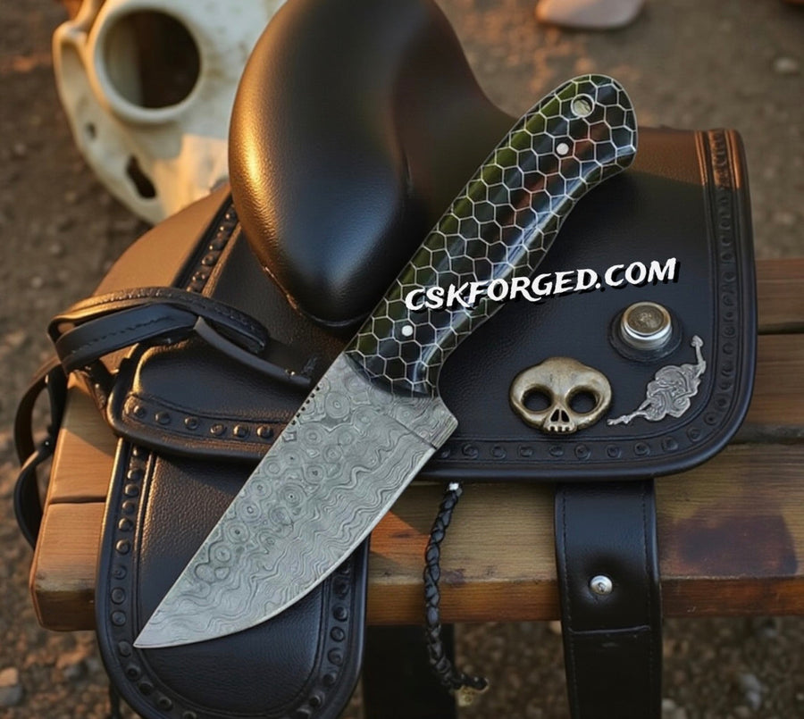 Cowboy Knife with 3.25" Damascus Blade - Durable Black Honeycomb Handle | Sharp & Reliable