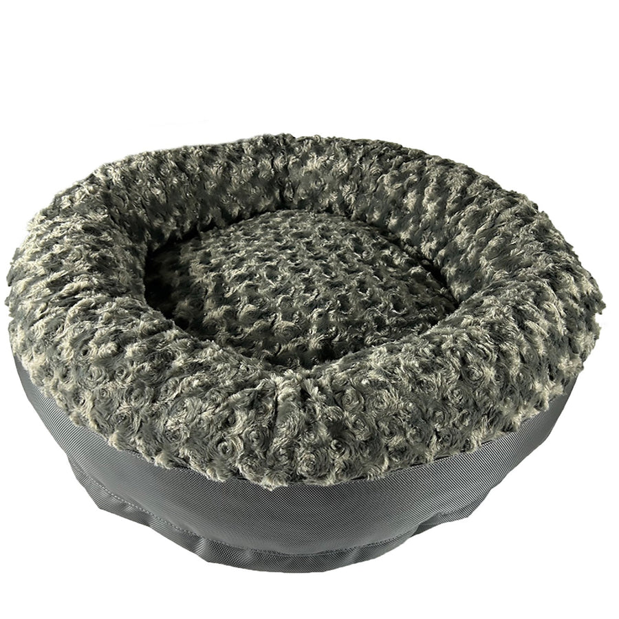 Charcoal Furvana round bolster dog bed, angled view