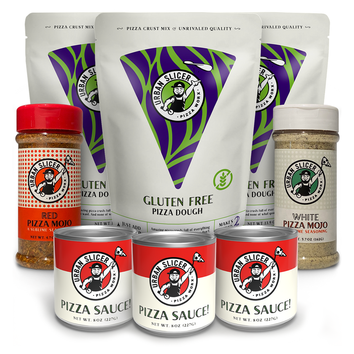 Gluten-free pizza kit with three dough mixes, three sauce cans and Red and White Mojo shakers