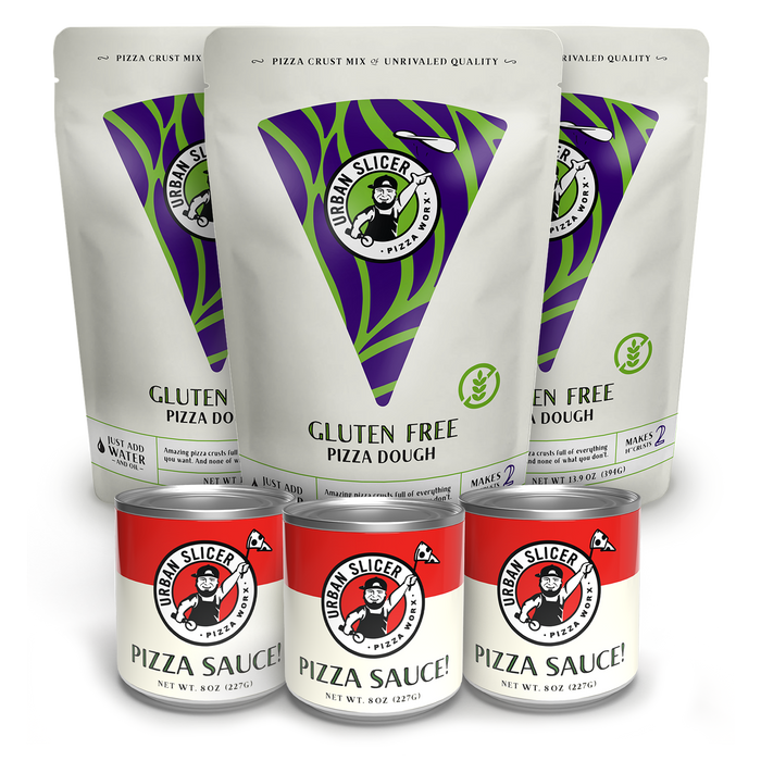Gluten-free pizza kit with three dough mix bags and three sauce cans
