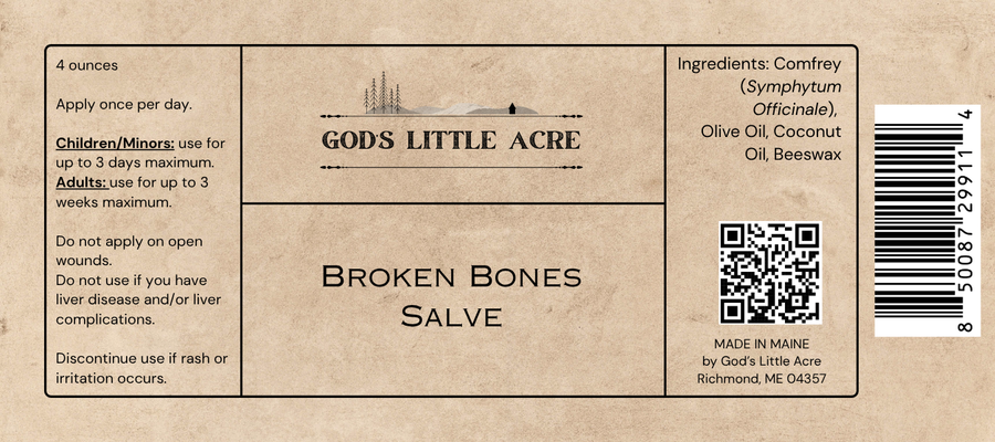 Supplier label for Comfrey Herbal Salve, showing ingredients and package information