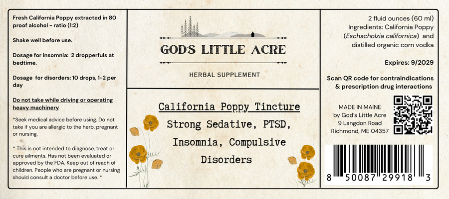 Supplier label for California Poppy Tincture, showing ingredients and package information