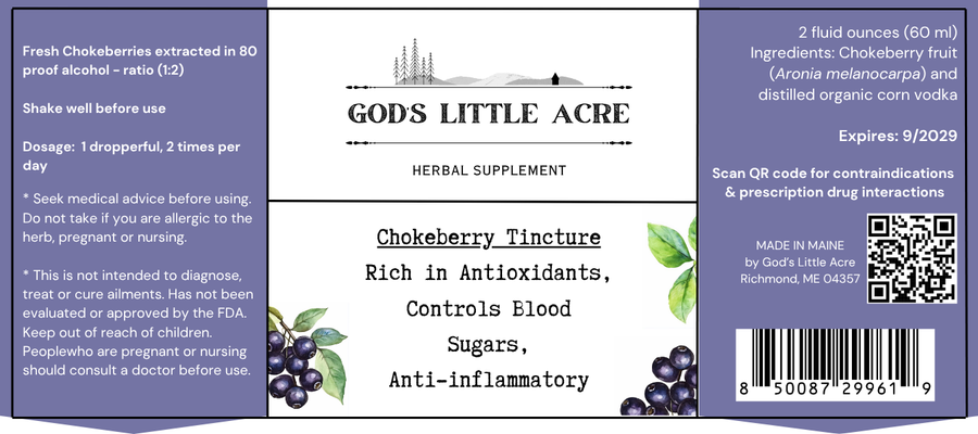 Supplier label for Black Chokeberry Tincture, showing ingredients and package information