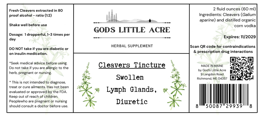 Supplier label for Cleavers Tincture, showing ingredients and package information
