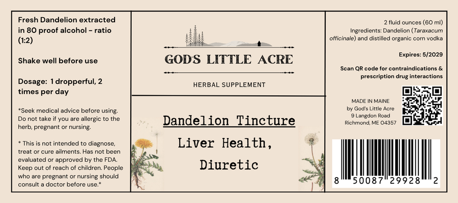 Supplier label for Dandelion Tincture, showing ingredients and package information