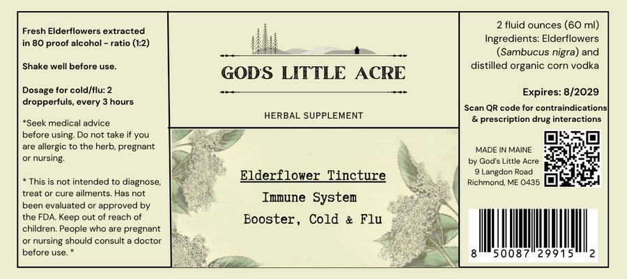 Supplier label for Elderflower Tincture, showing ingredients and package information
