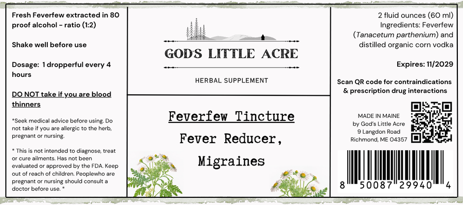 Supplier label for Feverfew Tincture, showing ingredients and package information