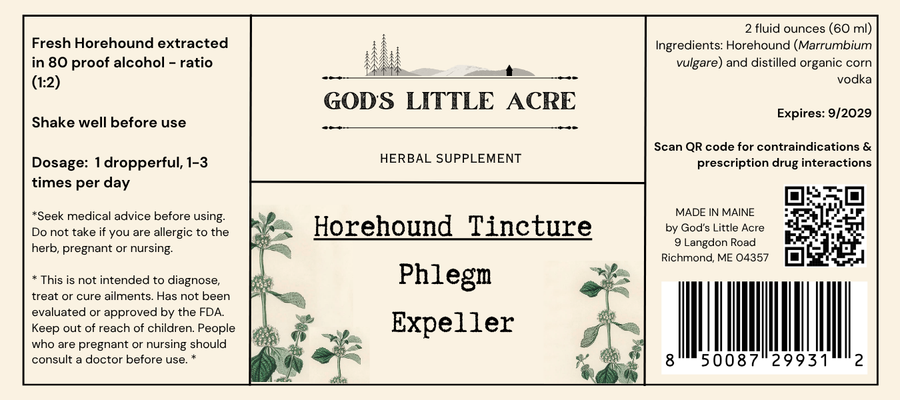 Supplier label for Horehound Tincture, showing ingredients and package information