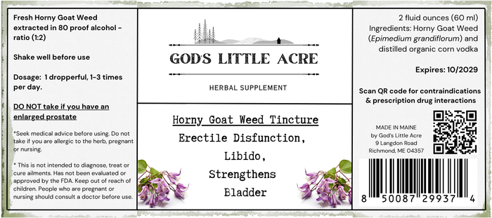 Supplier label for Horny Goat Weed Tincture, showing ingredients and package information
