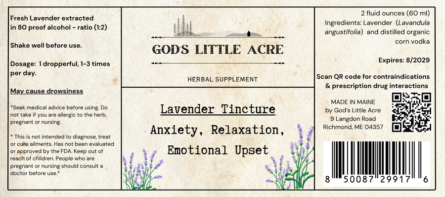 Supplier label for Lavender Tincture, showing ingredients and package information