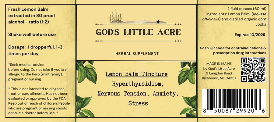 Supplier label for Lemon Balm Tincture, showing ingredients and package information
