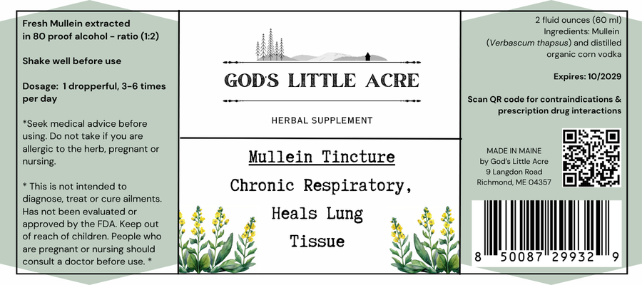 Supplier label for Mullein Tincture, showing ingredients and package information