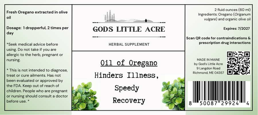 Supplier label for Oregano in Olive Oil, showing ingredients and package information