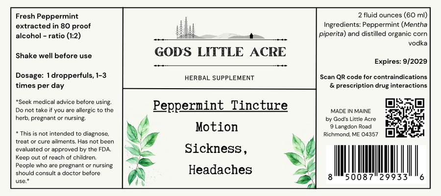 Supplier label for Peppermint Tincture, showing ingredients and package information