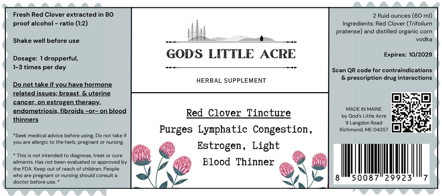 Supplier label for Red Clover Tincture, showing ingredients and package information