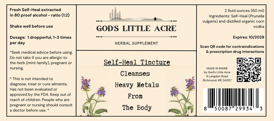 Supplier label for Self-Heal Tincture, showing ingredients and package information