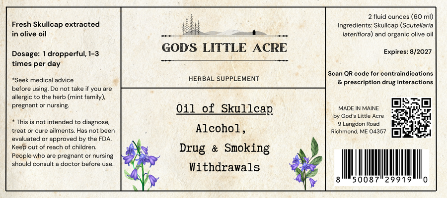 Supplier label for Skullcap in Olive Oil, showing ingredients and package information