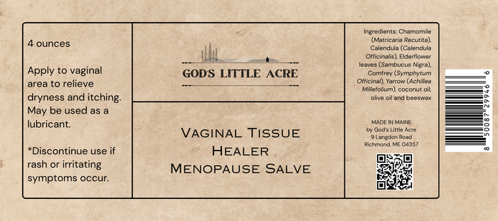 Supplier label for Chamomile & Calendula Intimate Salve, showing ingredients and package information