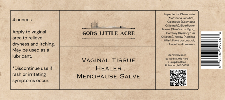 Supplier label for Chamomile & Calendula Intimate Salve, showing ingredients and package information