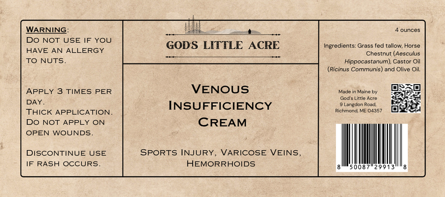 Supplier label for Horse Chestnut & Tallow Cream, showing ingredients and package information