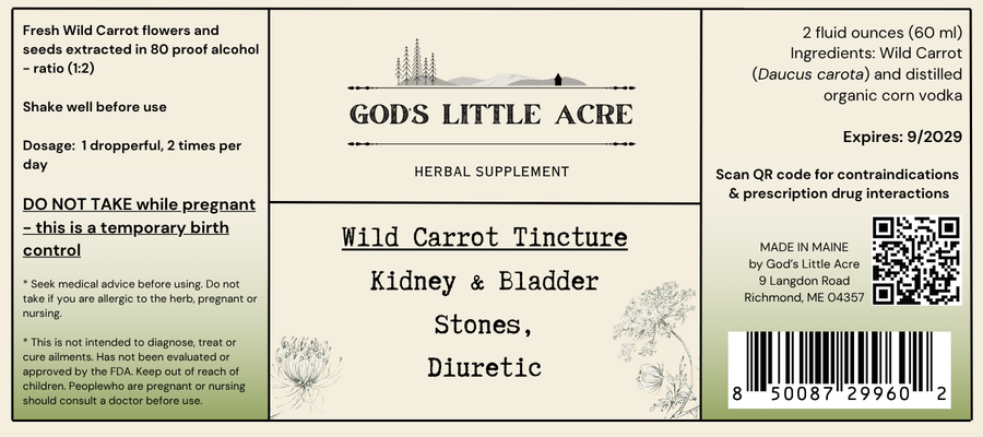 Supplier label for Wild Carrot Tincture, showing ingredients and package information