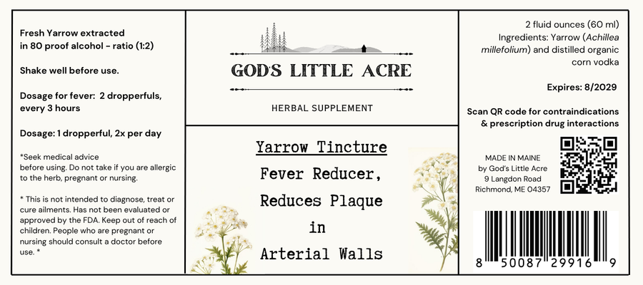 Supplier label for Yarrow Tincture, showing ingredients and package information