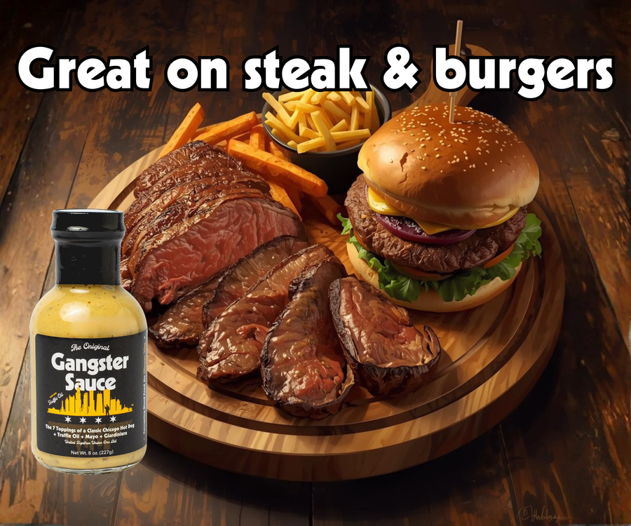 Gangster Sauce bottle shown beside steak and a burger