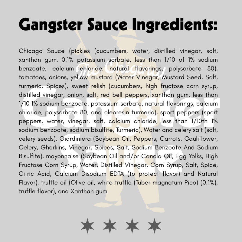 Detailed Gangster Sauce ingredient panel including mayonnaise, giardiniera and truffle oil